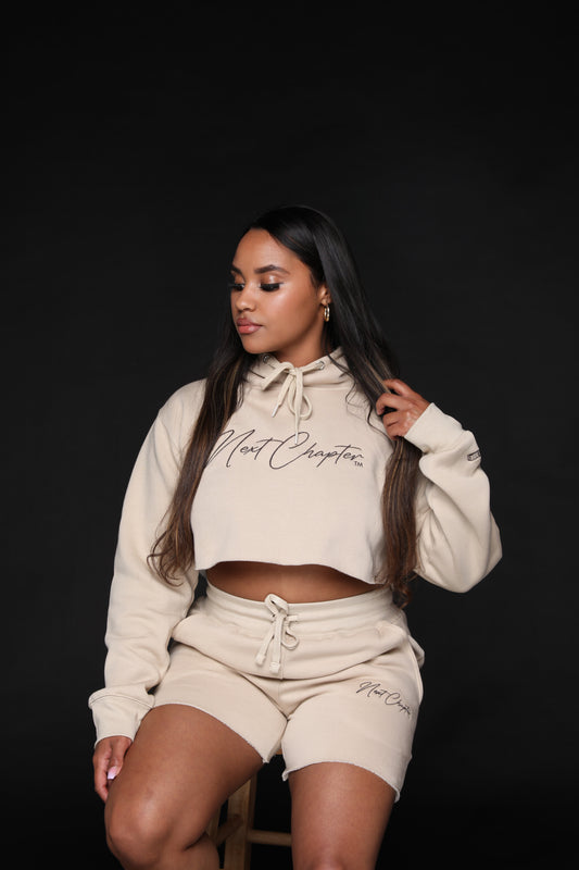 Crop Top Fleece Short set "Brown & Beige"